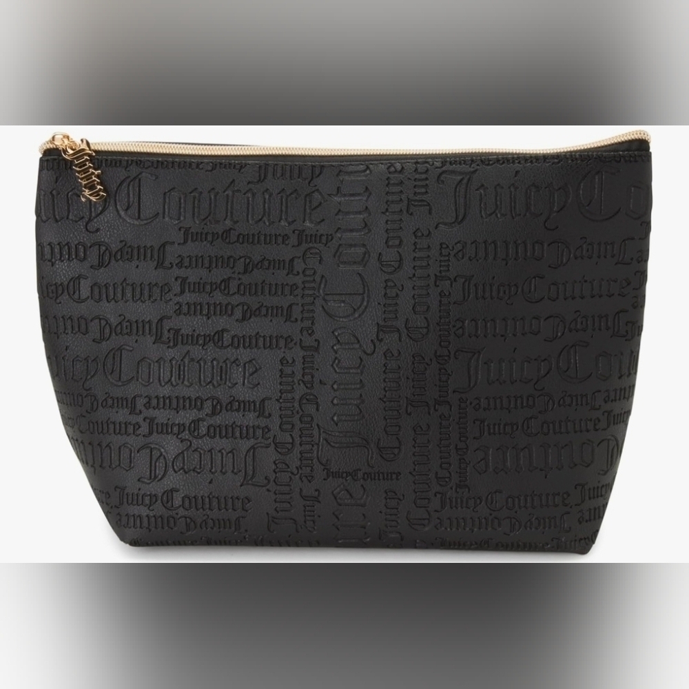 Juicy Couture Black Embossed Cosmetic Case, Zip Top Wedge Matt Logo, New